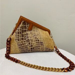Uniquely Handmade Croc-Embossed Genuine Shearling Wooden Frame Purse & 2 Straps